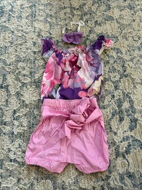 Girls Purple & Pink Floral Matching Set with Bow Shorts